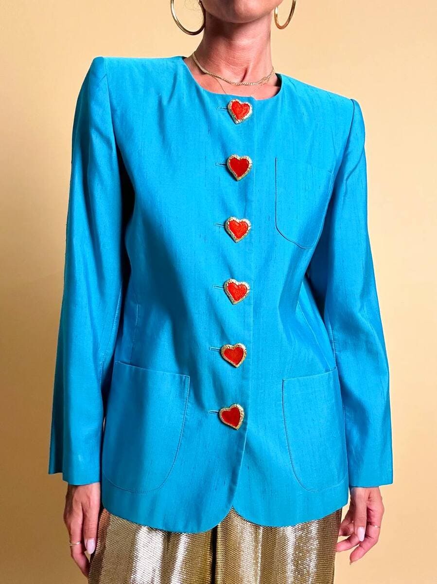 bl blazer in shantung turchese con bottoni gioiello a forma di cuore 24