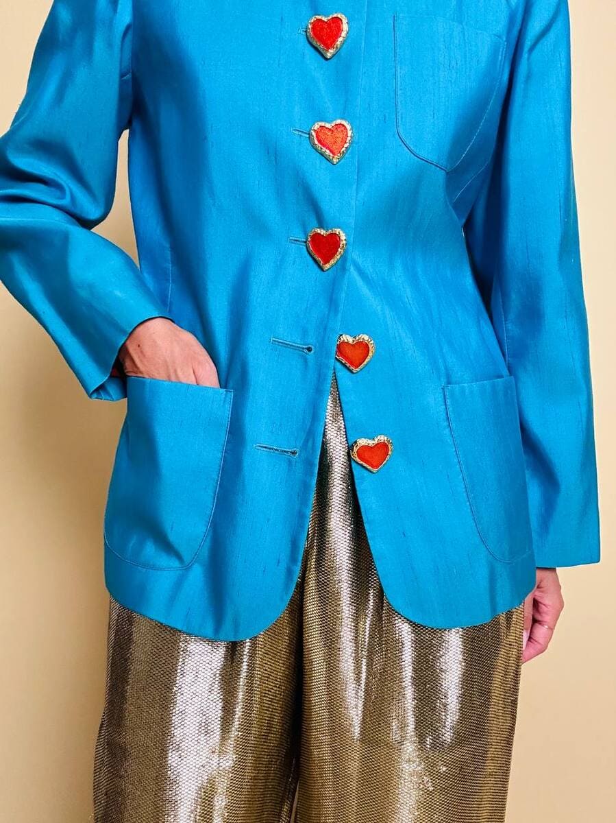 bl blazer in shantung turchese con bottoni gioiello a forma di cuore 18