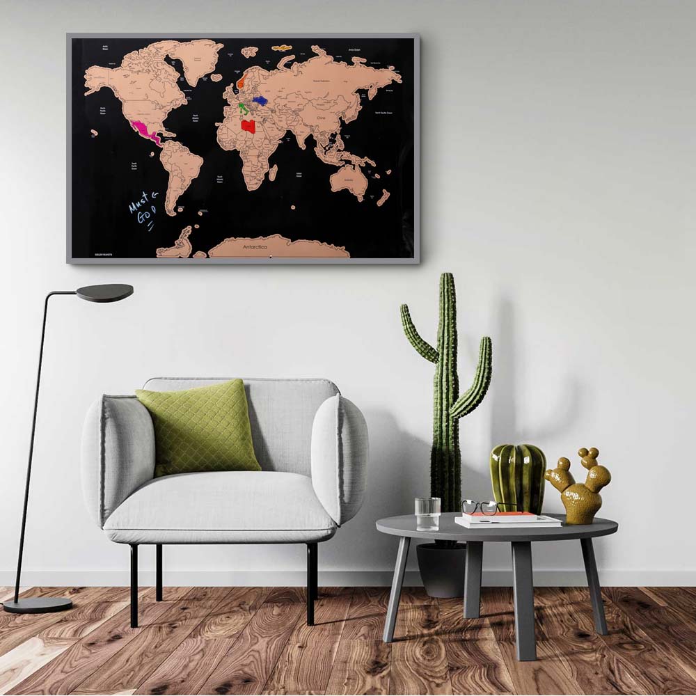 Poster Mappamondo da Grattare Cartina Geografica Mappa del Mondo 80x60 Nero Muro