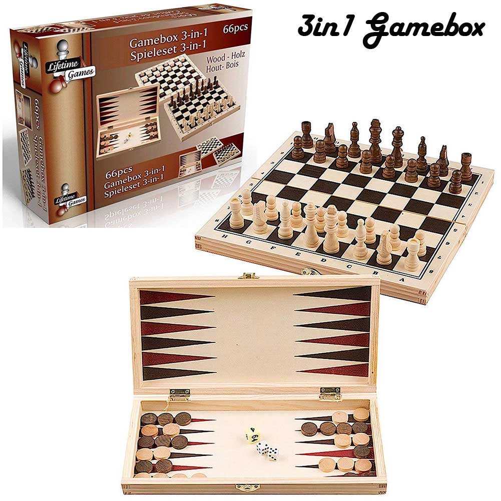 Dama Scacchi e Backgammon Gioco Box in Legno 3 in 1 Giochi Di Societa' Scatola