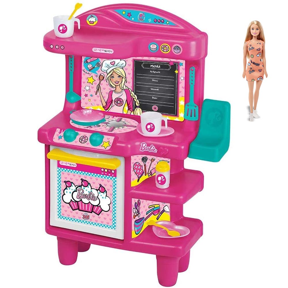 Cucina di Barbie Giocattolo per Bambini + Bambola con Accessori Gioco 68cm