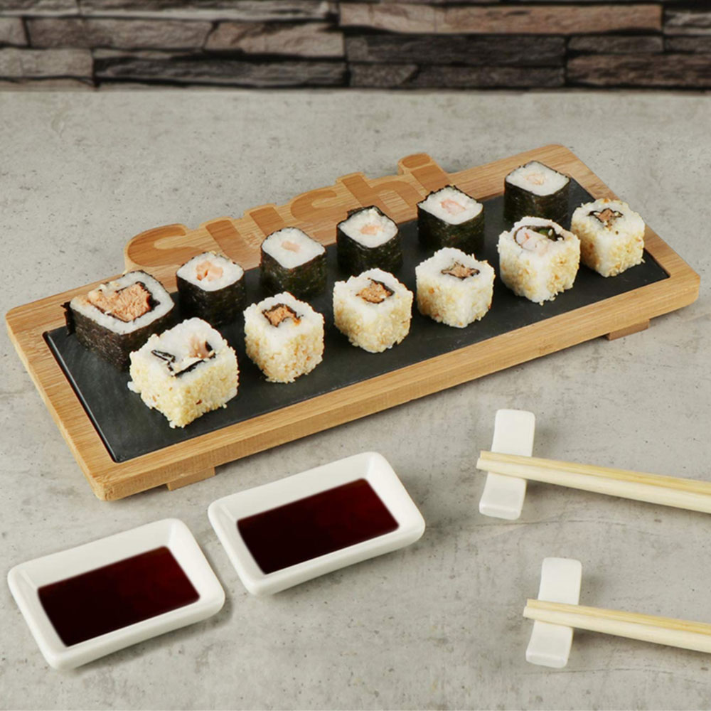 Set Sushi Cibo Giapponese 2 Persone Bacchette Legno Ciotole Vassoio Ardesia 7pz