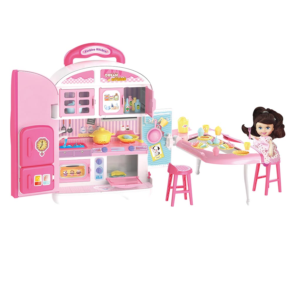 Trolley Valigetta Playset Cucina Giocattolo Bambini con Bambola Accessori Gioco