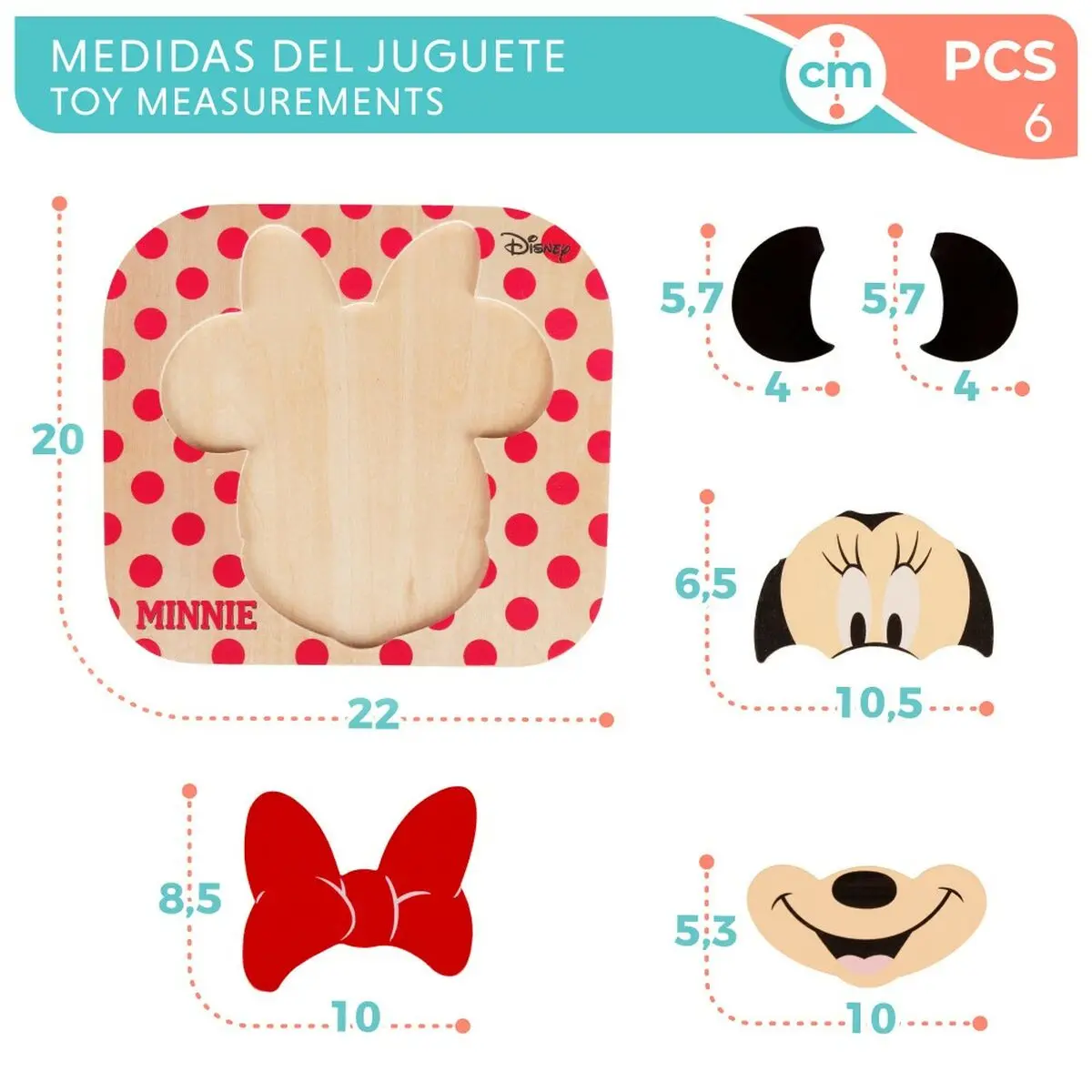 Puzzle di Legno per Bambini Disney Minnie Mouse + 12 Mesi 6 Pezzi (12 Unità)