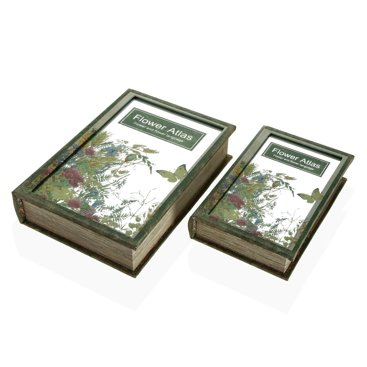 Scatola Decorativa Versa Flower Atlas Libro Tela Specchio Legno MDF 7 x 30 x 21 cm
