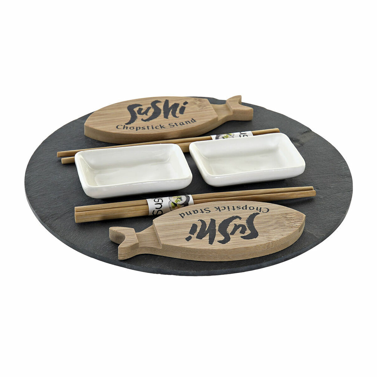 Set per Sushi DKD Home Decor Nero Naturale Ceramica Bambù Plastica Lavagna Orientale 33 x 33 x 5 cm (9 Pezzi)