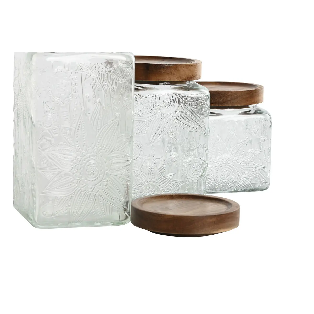 Set di 3 Barattoli Home ESPRIT Naturale Cristallo Acacia 500 ml 750 ml 1 L 9,5 x 9,5 x 17,5 cm