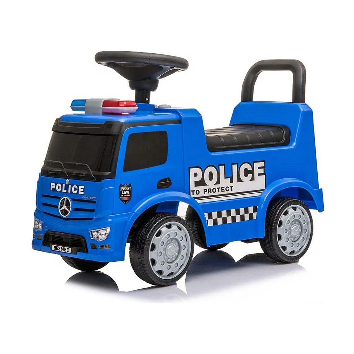 Cavalcabili Mercedes Actros 25 kg Azzurro con suono Camion Polizia (63,5 x 29 x 27 cm)