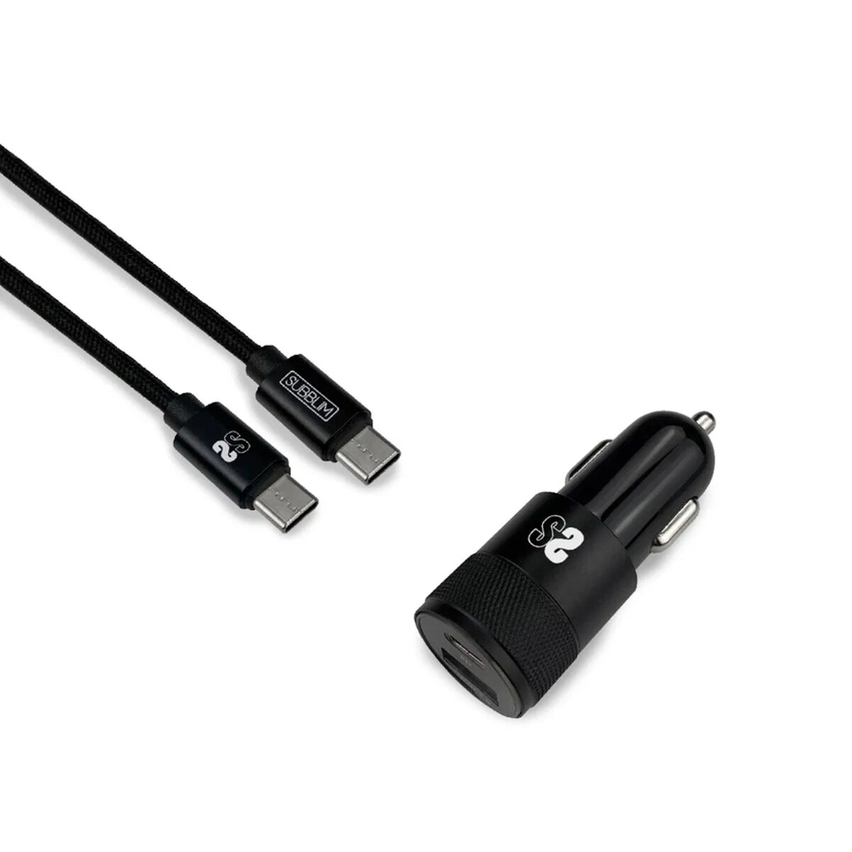 Caricabatterie per Auto USB Universale + Cavo USB C Subblim Cargador Ultra Rapido Coche 2xUSB PD18W+QC3.0 + Cable C to C Black