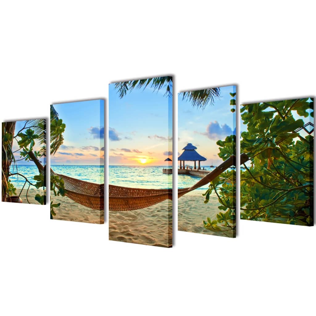 5 pz Set Stampa su Tela da Muro Spiaggia di Sabbia con Amaca 200x100cm
