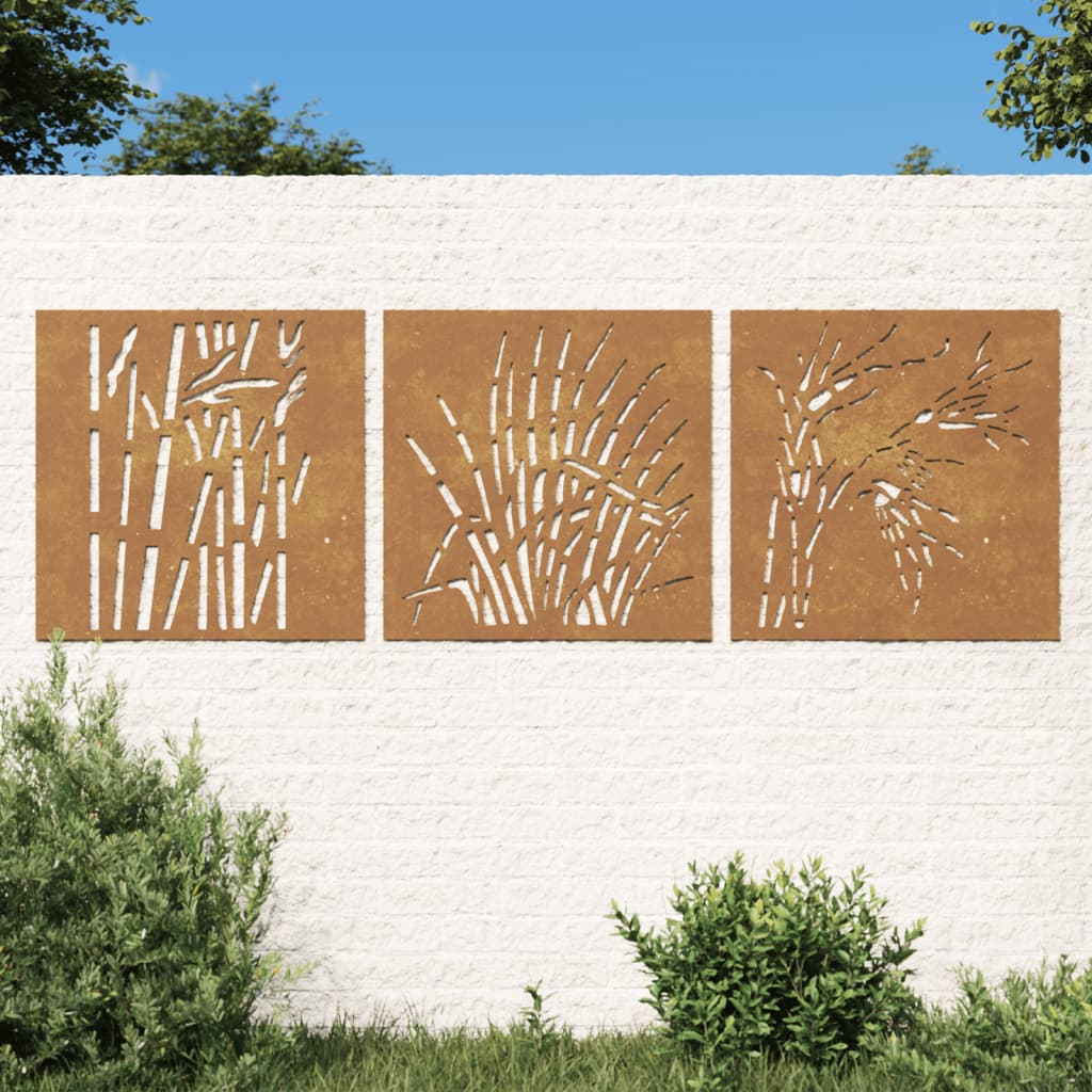vidaXL Decorazioni Muro Giardino 3 pz 55x55 cm Erba in Acciaio Corten