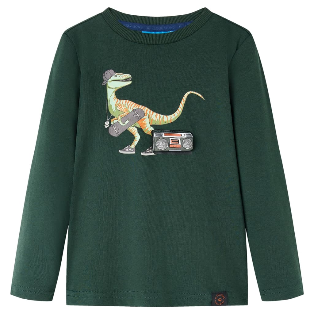 Maglietta da Bambino a Maniche Lunghe Stampa Dinosauro Verde Scuro 116