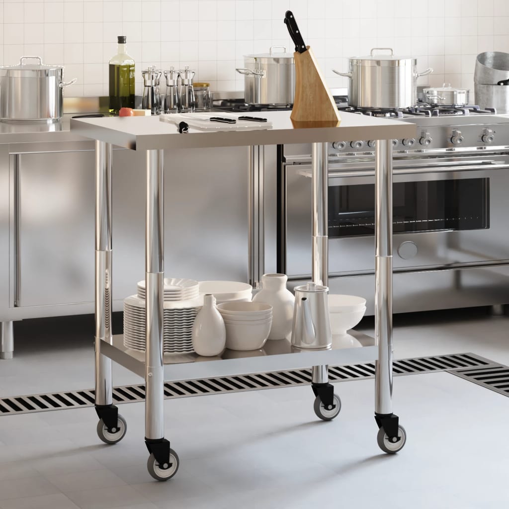 vidaXL Tavolo da Lavoro Cucina con Ruote 82,5x55x85 cm in Acciaio Inox