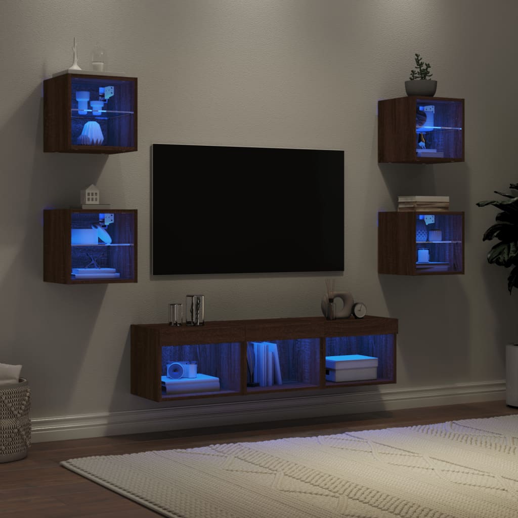 vidaXL Mobili TV a Muro con LED 7pz Rovere Marrone Legno Multistrato
