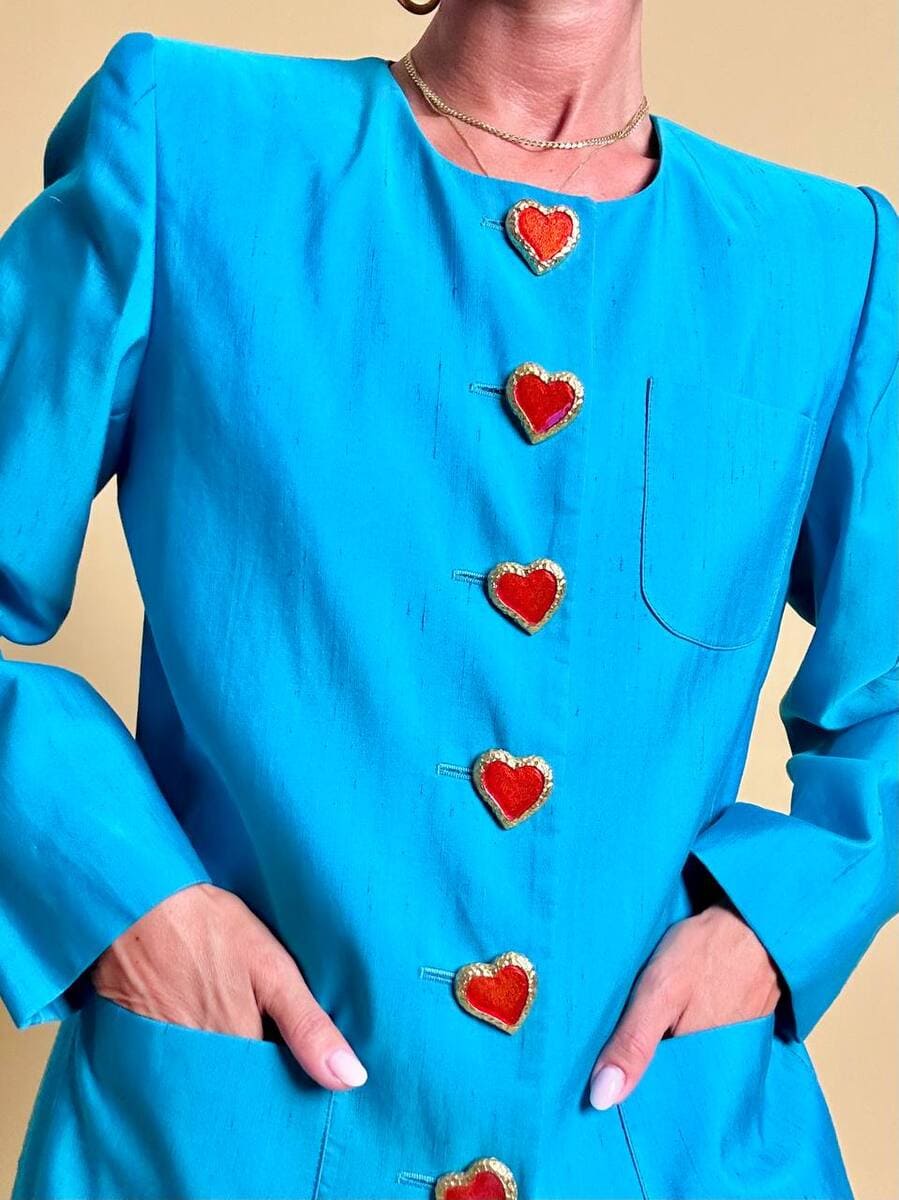 bl blazer in shantung turchese con bottoni gioiello a forma di cuore 3